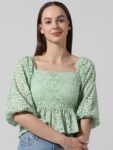 ONLY Self Design Schiffli Square Neck Puff Sleeves Smocked Pure Cotton Top