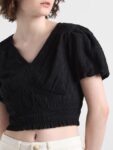 ONLY Self Design V-Neck Puff Sleeves Crop Top