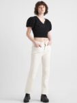 ONLY Self Design V-Neck Puff Sleeves Crop Top