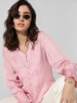 ONLY Self Design V-Neck Puff Sleeves Shirt Style Top