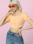 ONLY Square Neck Puff Sleeve Schiffli Cotton Crop Top