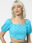 ONLY Square Neck Puff Sleeve Schiffli Cotton Crop Top