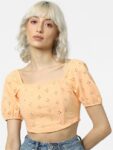 ONLY Square Neck Puff Sleeve Schiffli Cotton Crop Top