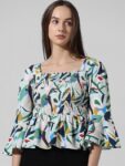 ONLY Tropical Printed Bell Sleeves Square Neck Smocked Peplum Top