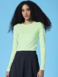 ONLY Women Green Solid Round Neck Long Sleeves Crop Top