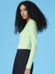 ONLY Women Green Solid Round Neck Long Sleeves Crop Top