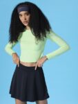 ONLY Women Green Solid Round Neck Long Sleeves Crop Top