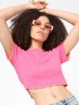 ONLY Women Pink Solid Cotton Blend Crop Top