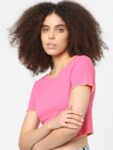 ONLY Women Pink Solid Cotton Blend Crop Top