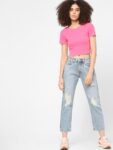 ONLY Women Pink Solid Cotton Blend Crop Top