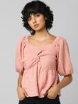 ONLY Women Pink Sweetheart Neck Twisted Cinched Waist Top