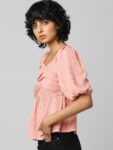 ONLY Women Pink Sweetheart Neck Twisted Cinched Waist Top