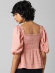 ONLY Women Pink Sweetheart Neck Twisted Cinched Waist Top