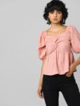 ONLY Women Pink Sweetheart Neck Twisted Cinched Waist Top