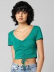 ONLY Women Solid Ruched Tie-Up Crop Top