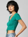 ONLY Women Solid Ruched Tie-Up Crop Top