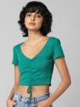 ONLY Women Solid Ruched Tie-Up Crop Top