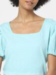 ONLY Women Turquoise Blue Solid Puff Sleeves Crop Top