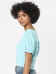 ONLY Women Turquoise Blue Solid Puff Sleeves Crop Top