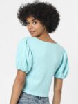 ONLY Women Turquoise Blue Solid Puff Sleeves Crop Top